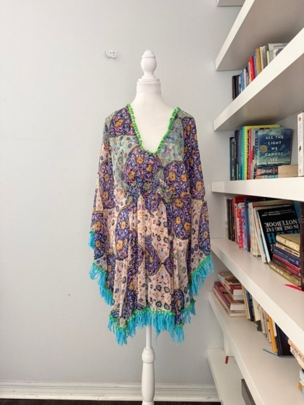 Antics Sartorial Boho Paisley V-Neck Swim Coverup with Teal Fringe One Size